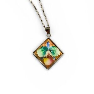 Vintage Silver Tone Enamel Iris Pendant Necklace